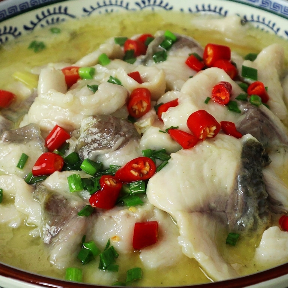 Steamed fish fillets in savory broth, topped with red chili slices and chopped green onions in a patterned bowl.