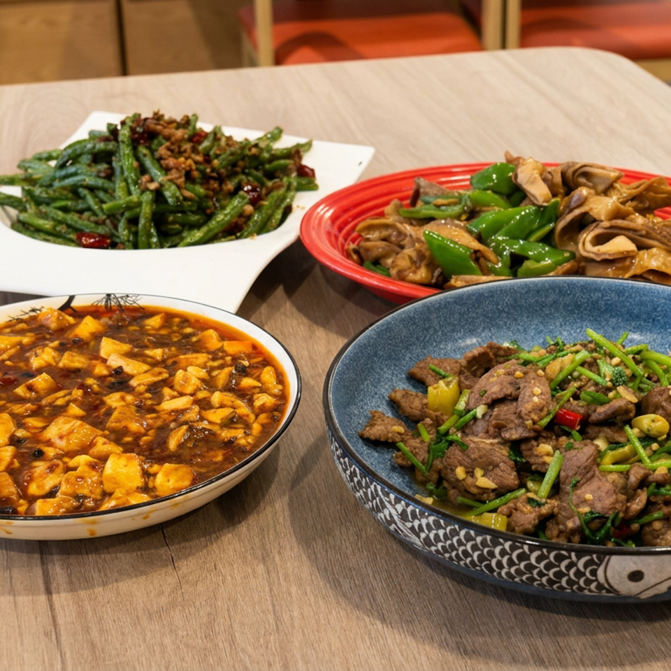 Four Chinese dishes, including spicy tofu, green beans, stir-fried mushrooms and peppers, and beef with vegetables, on a restaurant table.