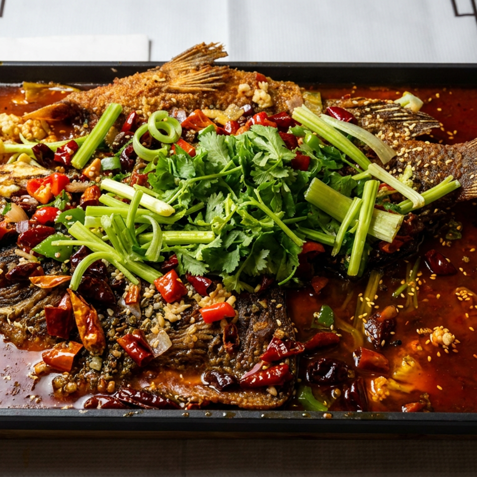 Whole fish in spicy red sauce, topped with cilantro, scallions, chopped red peppers, garlic, and sesame seeds in a black serving tray.