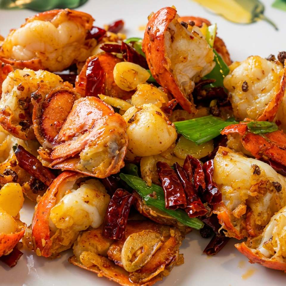 Plate of sautéed lobster pieces with garlic, dried chilies, green onions, and colorful vegetable garnishes.