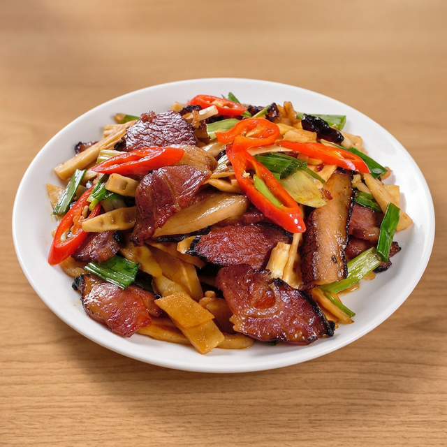 Stir-Fried Smoked Bacon with Dried Bamboo Shoots.
