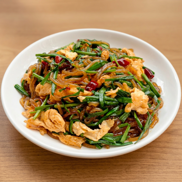 Stir-Fried Potato Noodles with Egg & Leek.