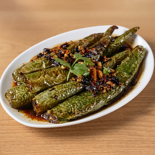 Dry Sauteed Whole Spicy Green Pepper.