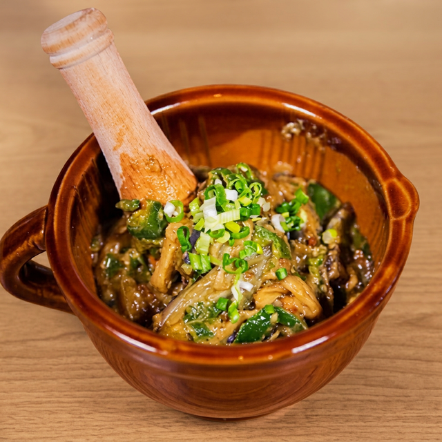 Eggplant Preserved Egg with Green Pepper.